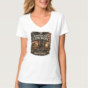 American Cowboy Wild and Free Patriotic V-Neck T-S T-Shirt