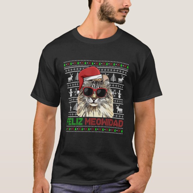 American Curl Cat Feliz Meowidad Funny Christmas T-Shirt (Front)