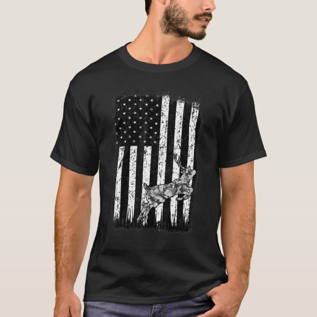 American Deer Hunter Patriotic Funny Camo US Flag  T-Shirt (Front)