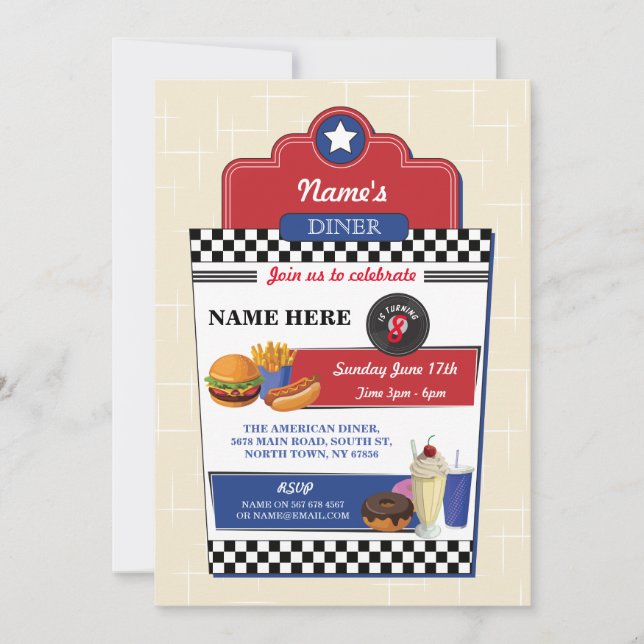 American Diner Birthday Party Burger 1950s Invite (Front)