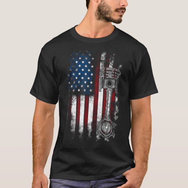 American Distressed Flag Piston Muscle-Car Piston T-Shirt (Front)
