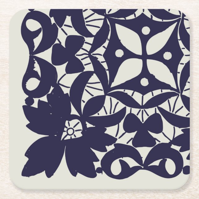 American Doily & Lace, 5Edge, Blue On Beige Paper  Square Paper Coaster (Front)