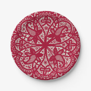 American Doily & Lace, 6, Red On Cream Paper Plate
