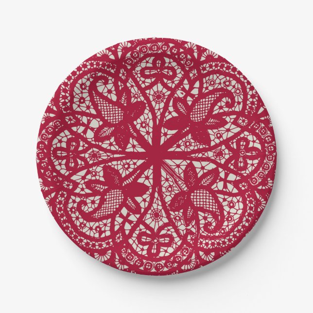 American Doily & Lace, 6, Red On Cream Paper Plate (Front)