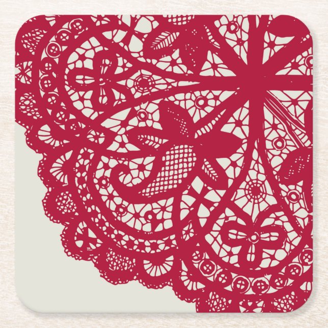American Doily & Lace, 6, Red On Cream Paper Plate Square Paper Coaster (Front)