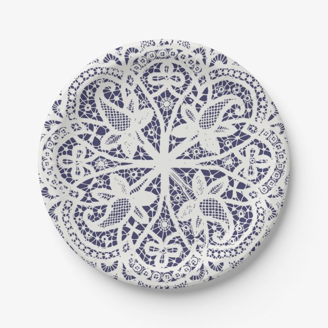American Doily & Lace, 8, Cream on Blue Paper Plate (Front)