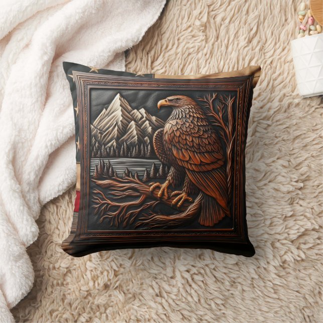 American Eagle Carving With Mountain Background Cushion (Blanket)