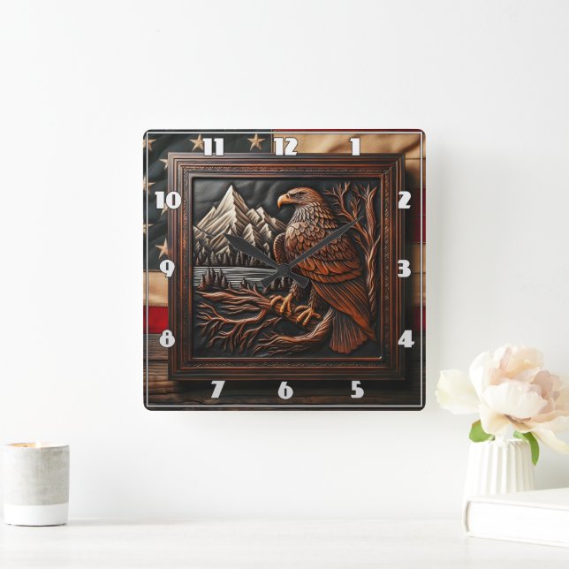 American Eagle Carving With Mountain Background Square Wall Clock (Home)