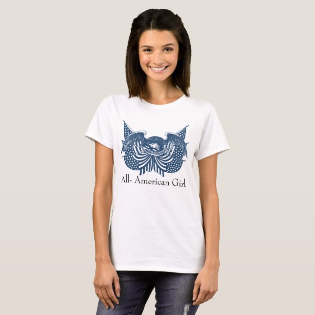 American Eagle Guarding USA Patriotic Flag Banner T-Shirt (Front Full)