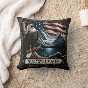 American Eagle Perched by Mountains and Flag Cushion