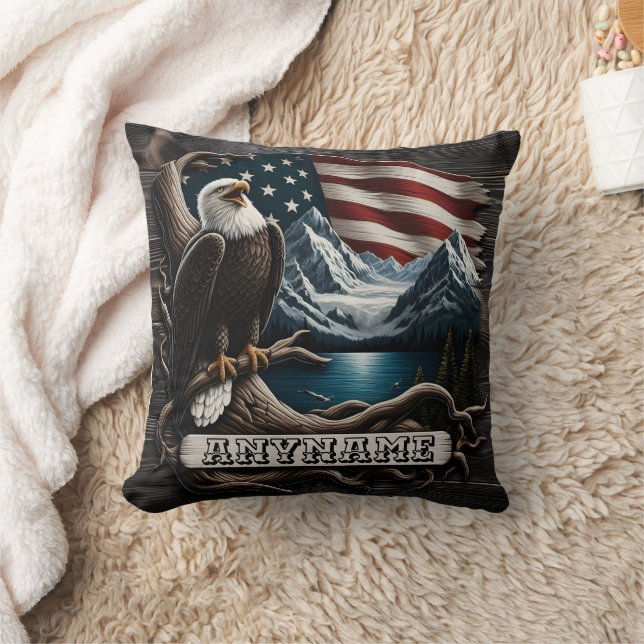 American Eagle Perched by Mountains and Flag Cushion (Blanket)