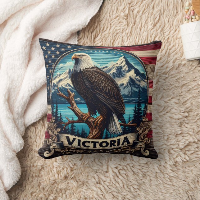 American Eagle Perched by Mountains in Victoria Cushion (Blanket)