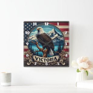 American Eagle Perched by Mountains in Victoria Square Wall Clock