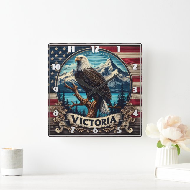 American Eagle Perched by Mountains in Victoria Square Wall Clock (Home)