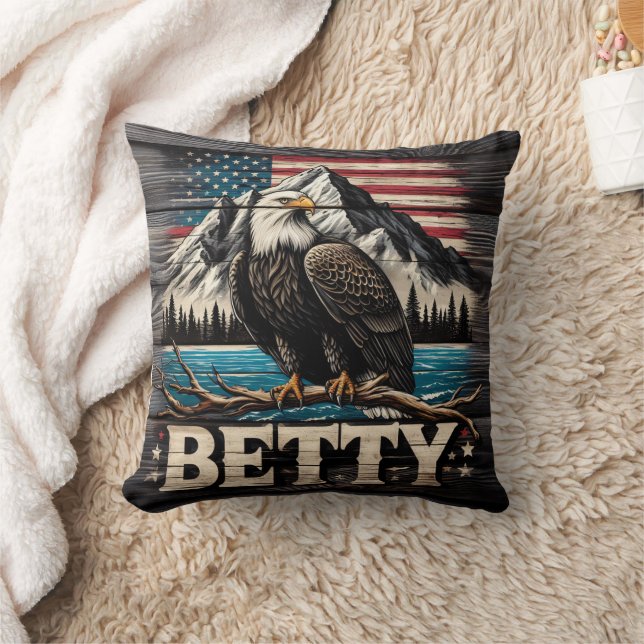 American Eagle Perched Near Mountains and Lake Cushion (Blanket)