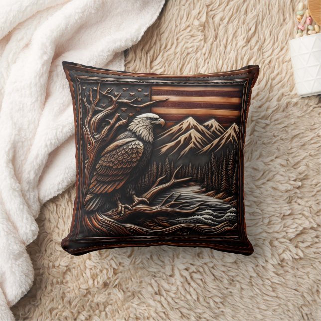 American Eagle Sculpture With Mountains and Flag Cushion (Blanket)