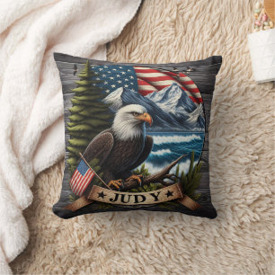 American Eagle With National Flag and Mountains Cushion