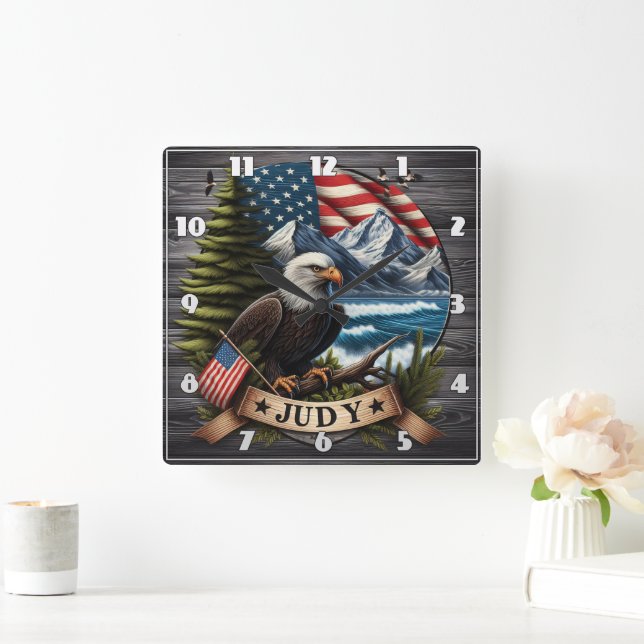 American Eagle With National Flag and Mountains Square Wall Clock (Home)