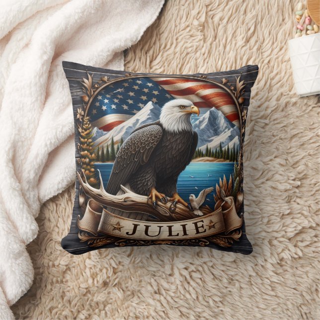 American Eagle With Scenic Mountains and Flag Cushion (Blanket)