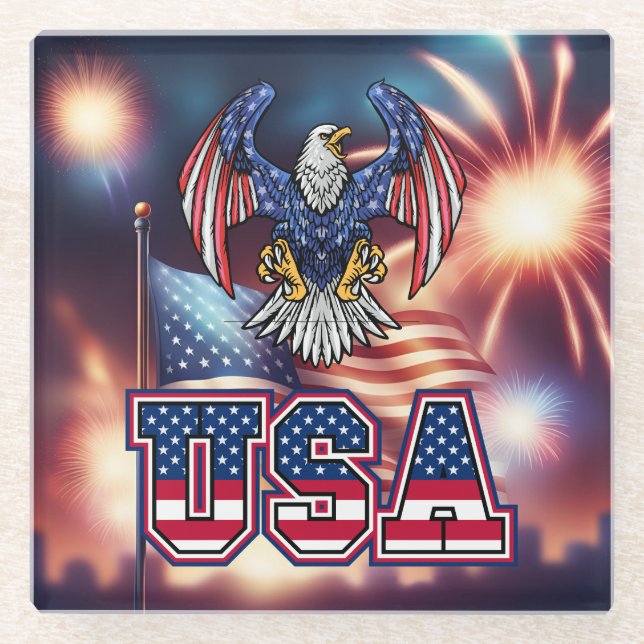 American Eagle with USA Flag Glass Coaster (Front)