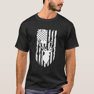 American Elk Deer Buck Hunting Tee In USA Flag Gru