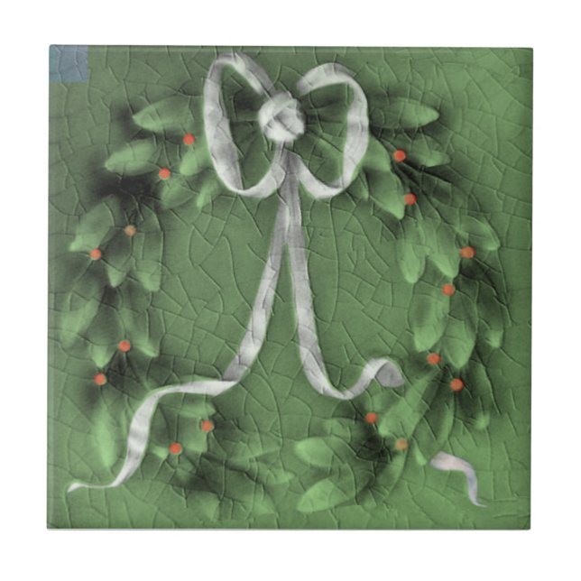 American Encaustic Green Wreath Faux Relief Repro Tile (Front)