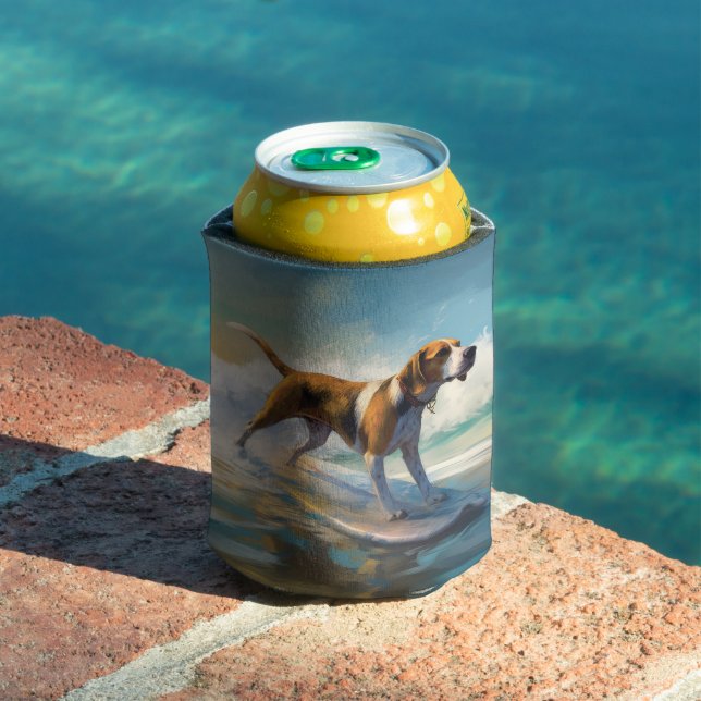 American Engligh Foxhound Beach Surfing Painting  Can Cooler (In Situ Pool)