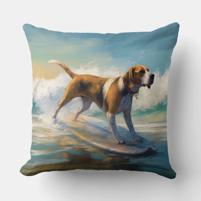 American Engligh Foxhound Beach Surfing Painting  Cushion (Front)