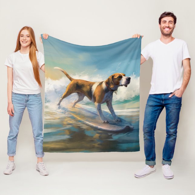 American Engligh Foxhound Beach Surfing Painting  Fleece Blanket (In Situ)