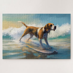 American Engligh Foxhound Beach Surfing Painting Jigsaw Puzzle