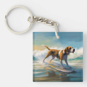 American Engligh Foxhound Beach Surfing Painting  Key Ring