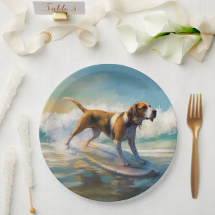 American Engligh Foxhound Beach Surfing Painting  Paper Plate
