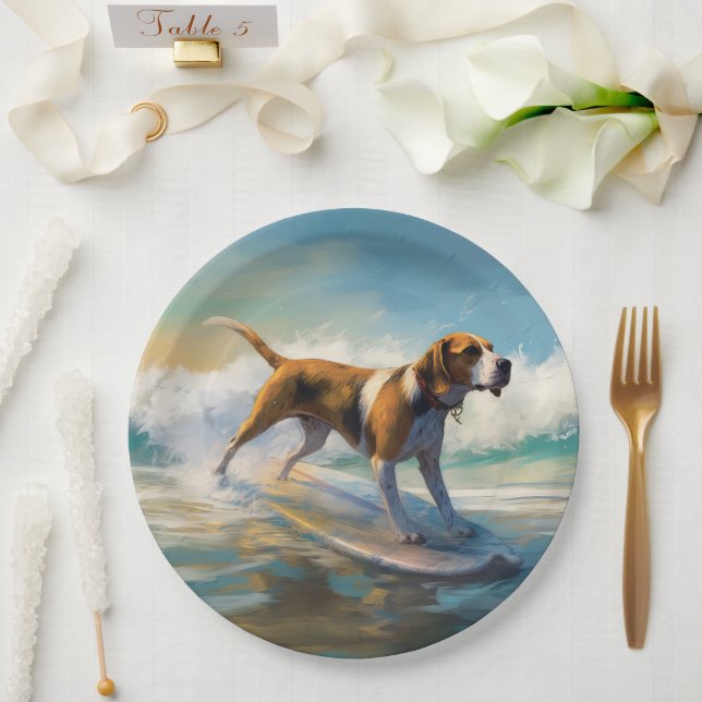 American Engligh Foxhound Beach Surfing Painting  Paper Plate (Wedding)