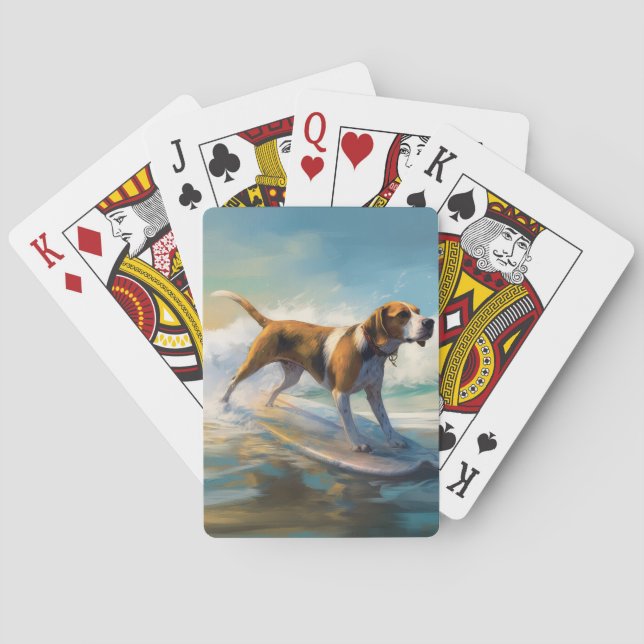 American Engligh Foxhound Beach Surfing Painting  Playing Cards (Back)