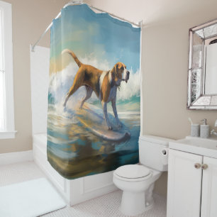American Engligh Foxhound Beach Surfing Painting  Shower Curtain