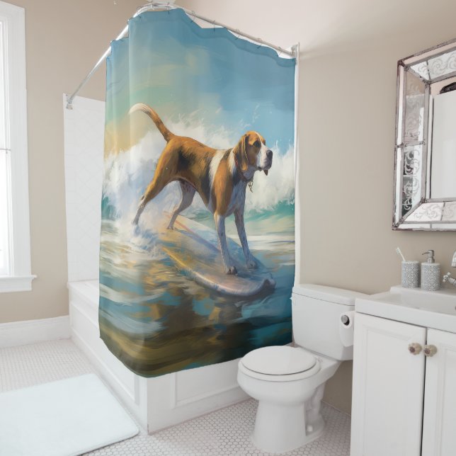 American Engligh Foxhound Beach Surfing Painting  Shower Curtain (In Situ)