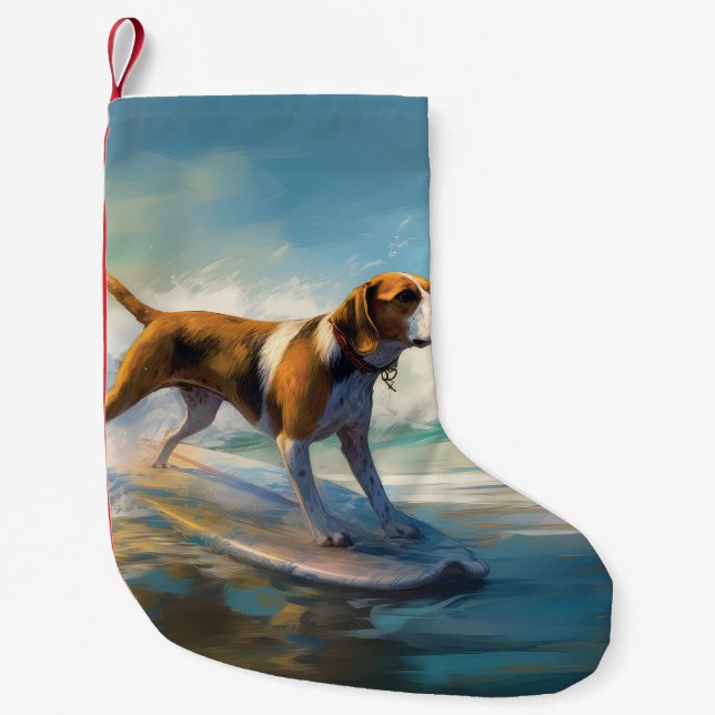 American Engligh Foxhound Beach Surfing Painting  Small Christmas Stocking (Front)