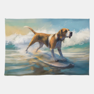American Engligh Foxhound Beach Surfing Painting Tea Towel