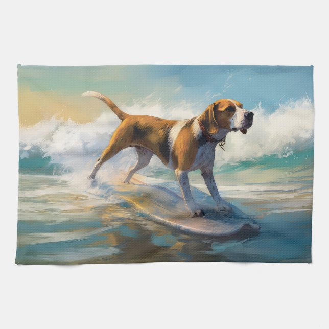 American Engligh Foxhound Beach Surfing Painting  Tea Towel (Horizontal)