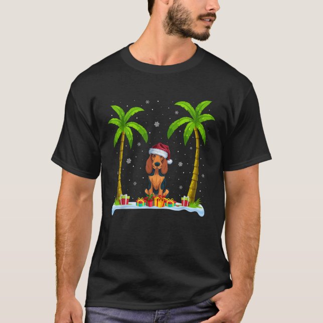 American English Coonhound Dog Santa Hat Palm Tree T-Shirt (Front)