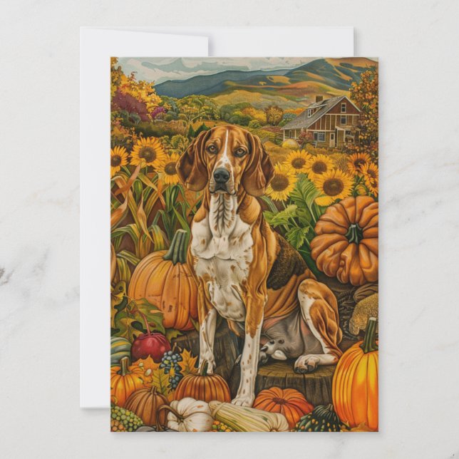 American English Foxhound Autumn Harvest Holiday Card (Front)