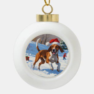 American English Foxhound Christmas Festive Snow Ceramic Ball Christmas Ornament