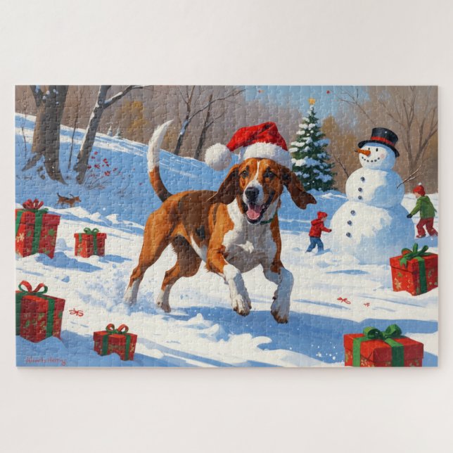 American English Foxhound Christmas Festive Snow  Jigsaw Puzzle (Horizontal)