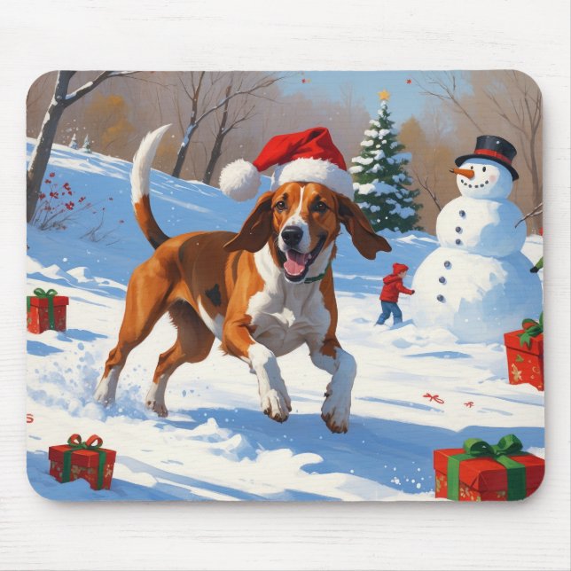 American English Foxhound Christmas Festive Snow  Mouse Mat (Front)