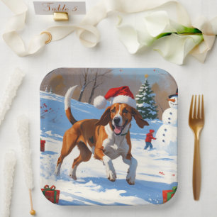 American English Foxhound Christmas Festive Snow Paper Plate