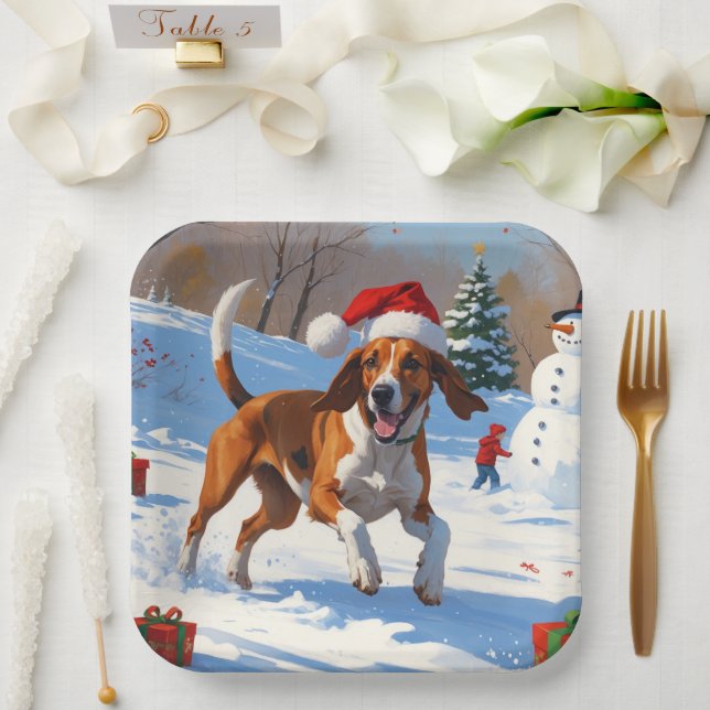 American English Foxhound Christmas Festive Snow  Paper Plate (Wedding)