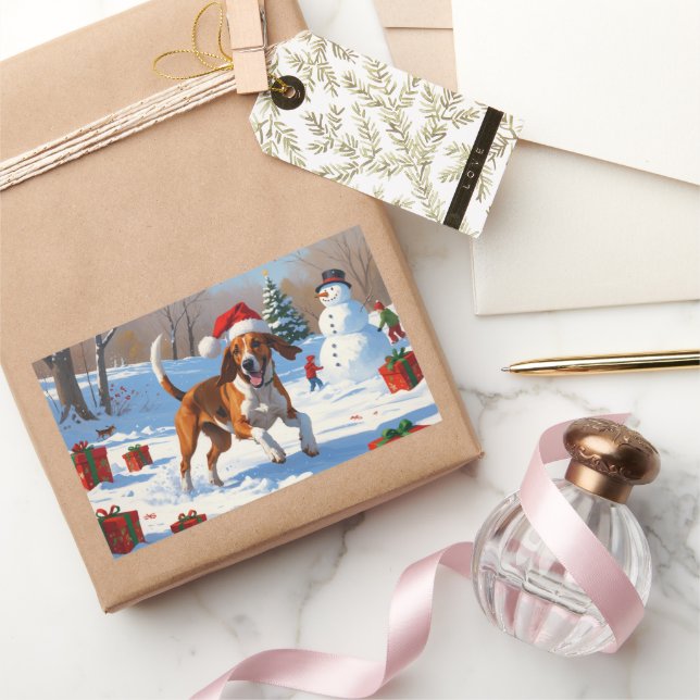 American English Foxhound Christmas Festive Snow  Rectangular Sticker (Gifting)