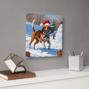 American English Foxhound Christmas Festive Snow  Square Wall Clock