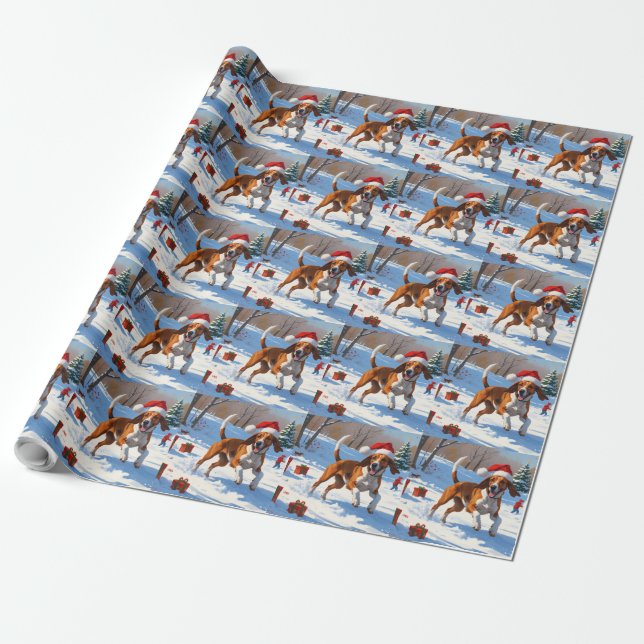 American English Foxhound Christmas Festive Snow  Wrapping Paper (Unrolled)