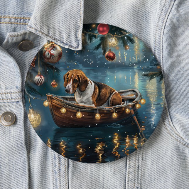 American English Foxhound Christmas Festive Voyage 6 Cm Round Badge (In Situ)